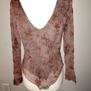 INC International Concepts Sheer Floral Burnout V-Neck Top — Rose Taupe